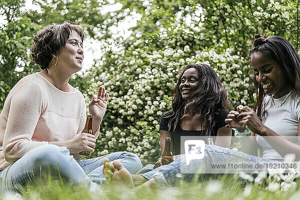 Smiling women talking and drinking beer in park