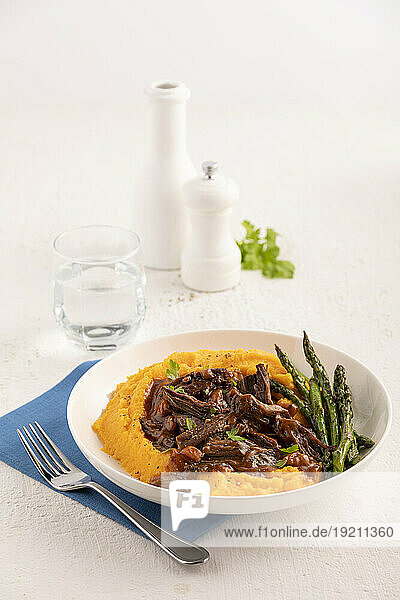 Roast beef with sweet potato puree and asparagus