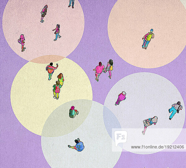 Illustration of spot lit pedestrians walking across purple background
