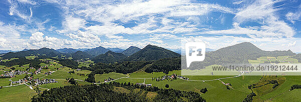 Austria  Salzburger Land  Koppl  Drone panorama of countryside landscape in summer