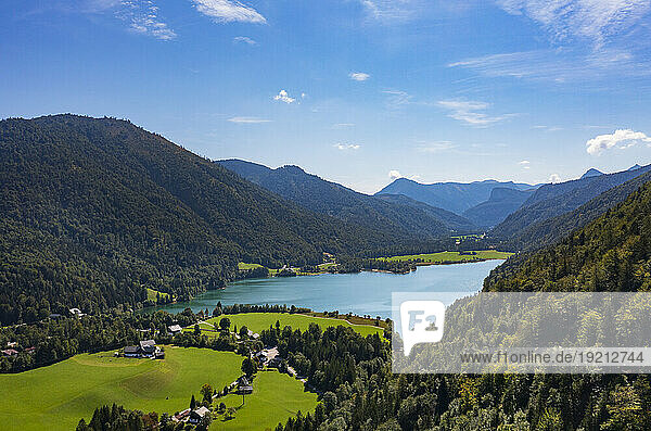 Austria  Salzburger Land  Faistenau  Drone view of lake Hintersee in summer