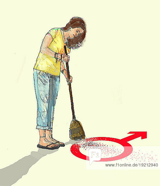 Woman sweeping away male gender symbol