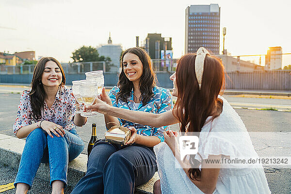 Cheerful friends toasting wineglasses together at sunset