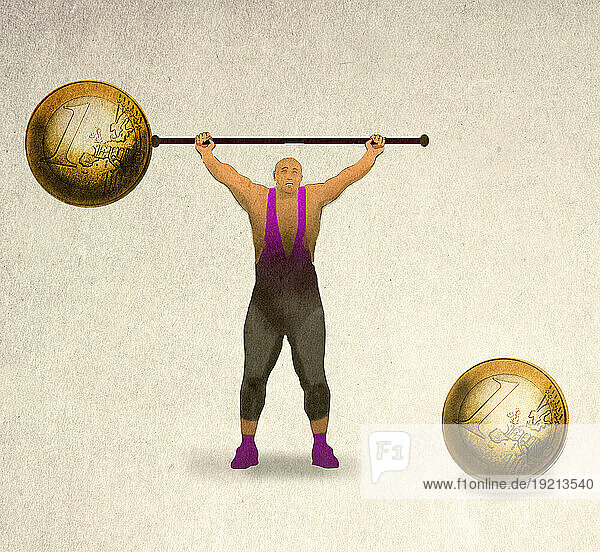 Illustration of strongman holding barbell made of one Euro coins with one end broken off