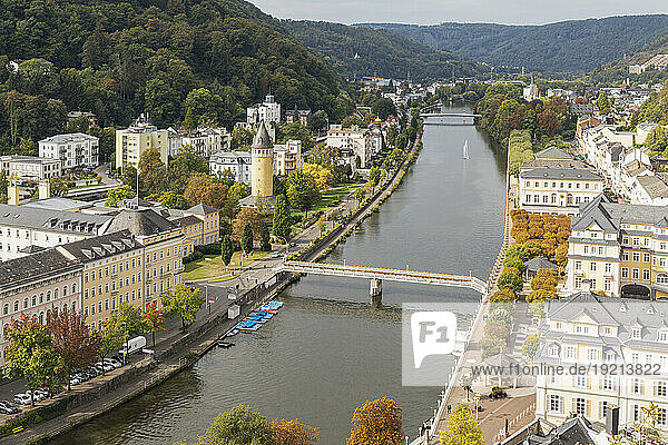 Germany  Rhineland-Palatinate  Bad Ems  View of spa town on Lahn river and surrounding hills in summer