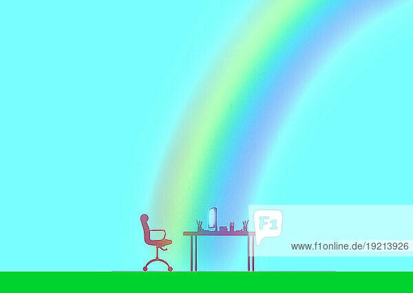 Office desk and chair under rainbow