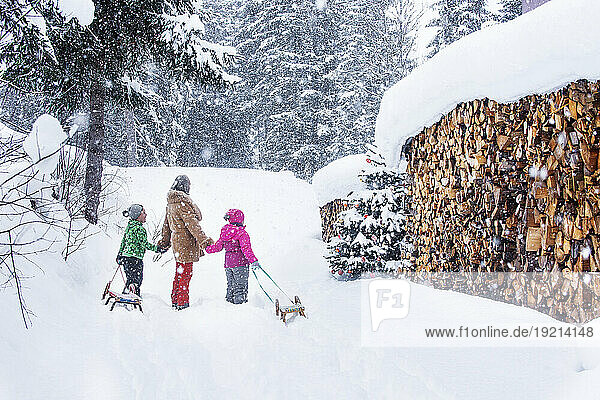 Children and grandmother standing with sled near firewoods