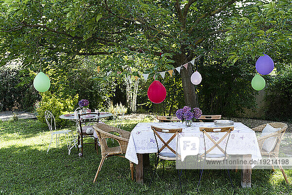 Table decorated for birthday event in back yard