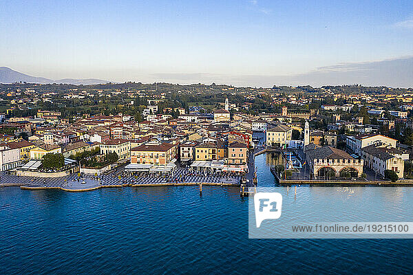 Italy  Veneto  Lazise  Aerial view of town on eastern shore of Lake Garda