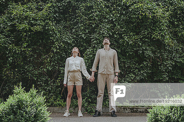 Young couple holding hands and looking up in garden
