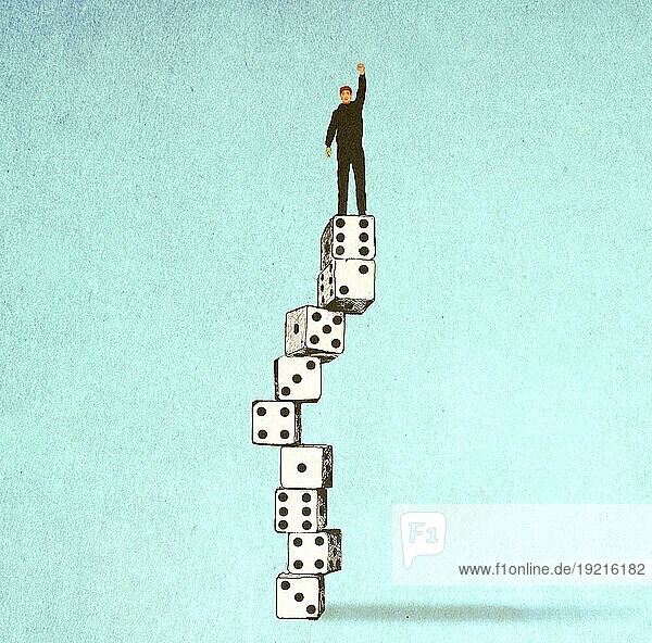 Illustration of man balancing on top of stack of oversized dice
