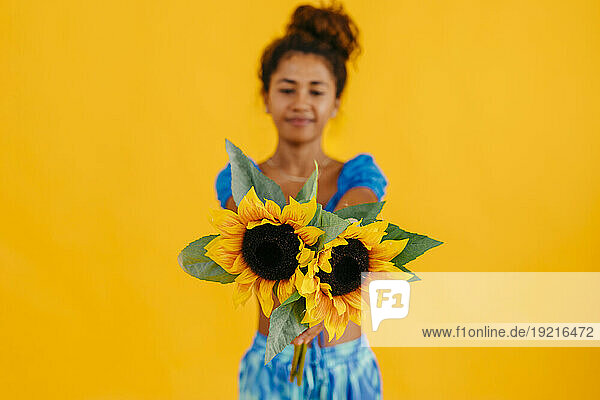 Woman with pair of sunflowers against yellow background