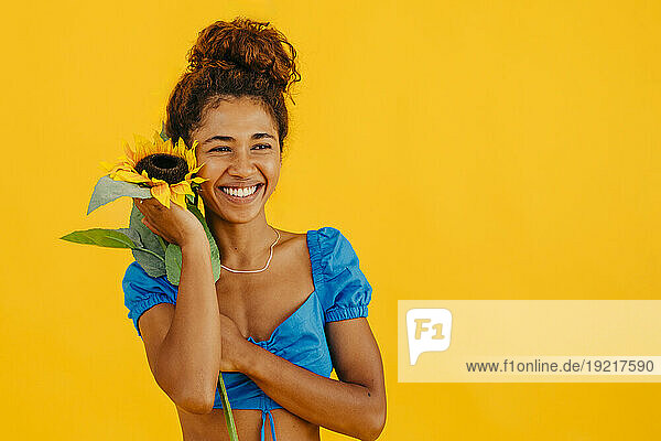 Happy young woman holding sunflower against yellow background