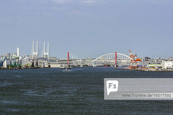 Japan  Hyogo Prefecture  Kobe  Port of Kobe area with bridge in background