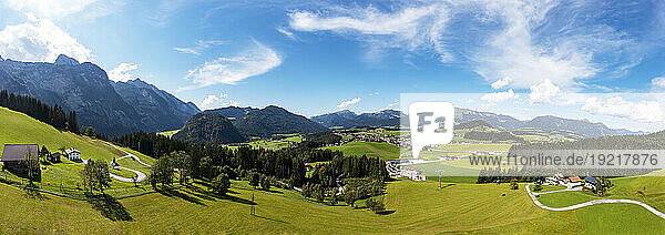 Austria  Salzburger Land  Abtenau  Drone panorama of idyllic town in Salzkammergut mountains