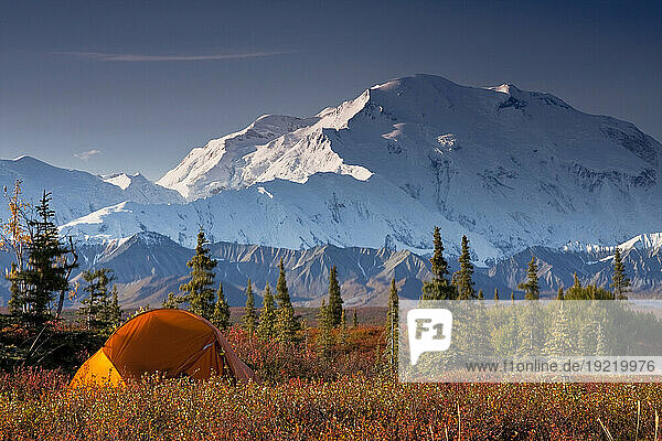 Scenic View Of Mt. Mckinley In The Morning With Tent In The Foreground  Denali National Park  Interior Alaska  Autumn