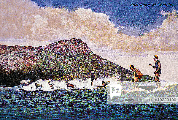 C.1920/30 Hawaii  Oahu  Art  Surfers On Small Wave With Diamond Head In Background