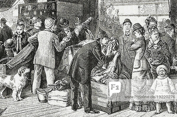 Custom House officers examining passenger's luggage at New York. From America Revisited: From The Bay of New York to The Gulf of Mexico  published 1886.