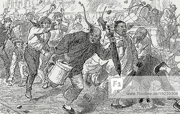 Hoodlums pelting Chinese emigrants on their arrival at San Francisco  19th century. From America Revisited: From The Bay of New York to The Gulf of Mexico  published 1886.