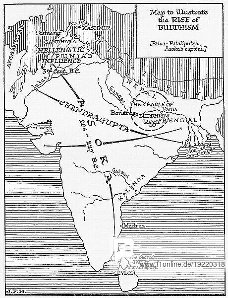 Map to illustrate the rise of Buddhism in India. From the book Outline of History by H.G. Wells  published 1920.
