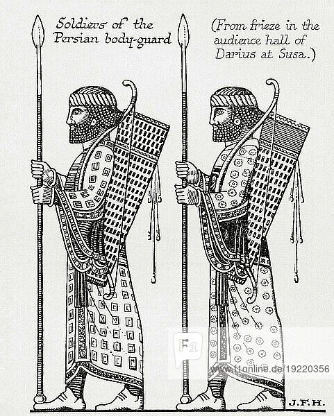 Soldiers of the Persian bodyguard. From the frieze in the audience hall of Darius at Susa. From the book Outline of History by H.G. Wells  published 1920.