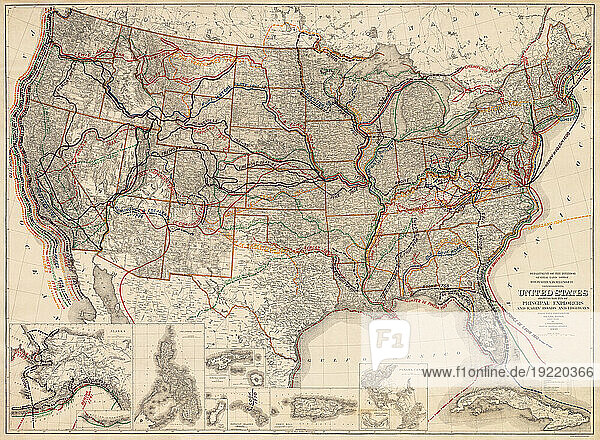 Map published in 1908 of the United States showing routes of the principal explorers from the 1500's onwards  and early roads and highways. The routes are laid over a contemporary early 20th century map. The map was created by Frank Bond  1856 -1940  American cartographer  illustrator and politician and Ithamar Parsons Berthrong  1853 - 1936  American surveyor and inventor.