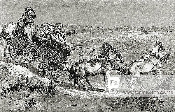 Settlers sighting Indians while crossing the prairie  USA in the 19th century. From America Revisited: From The Bay of New York to The Gulf of Mexico  published 1886.