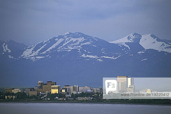 Downtown Anchorage at twilight from Tony Knowles Coastal Trail  Alaska  USA; Anchorage  Alaska  United States of America