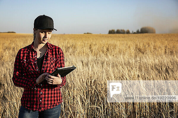 Portrait of a young farm woman standing in a mixed crop field of barley and oats at harvest time  using sophisticated agricultural software technologies on a pad; Alcomdale  Alberta  Canada