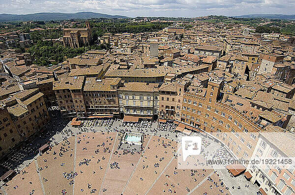 Piazza del Camp in the center of Sienna  as seen from a bell tower; Siena  Tuscany  Italy
