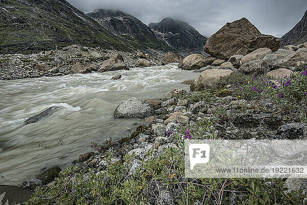 View of a glacial stream flowing through the mountains at the Southern tip of Greenland in Prins Christian Sund under a grey sky; Southern Greenland  Greenland