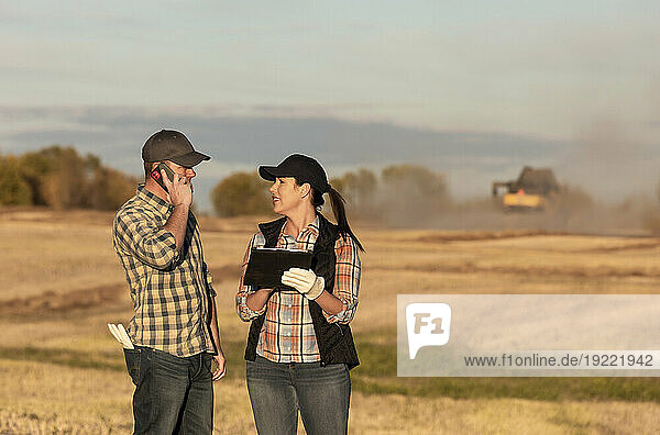 A husband and wife standing in a field using portable  wireless devices to manage and monitor the yield during their fall  canola harvest with a combine harvester in the background; Alcomdale  Alberta  Canada
