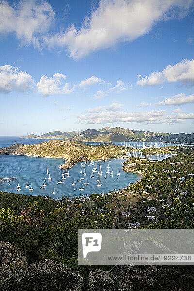 Famous view from Shirley Heights of Antigua's dramatically shaped coastline; English Harbour  Antigua  Caribbean