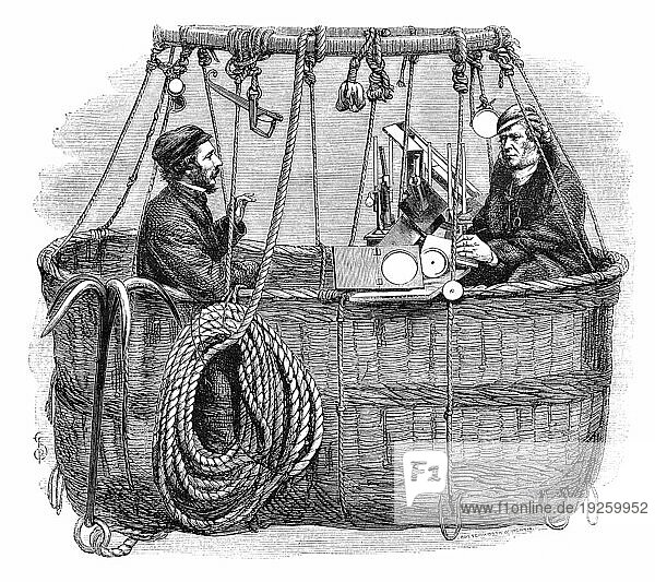 James Glaisher und Henry Tracey Coxwell sitzen im Wagen ihres Heißluftballons mit einigen wissenschaftlichen Instrumenten. Illustration aus einer englischen Zeitschrift von 1864