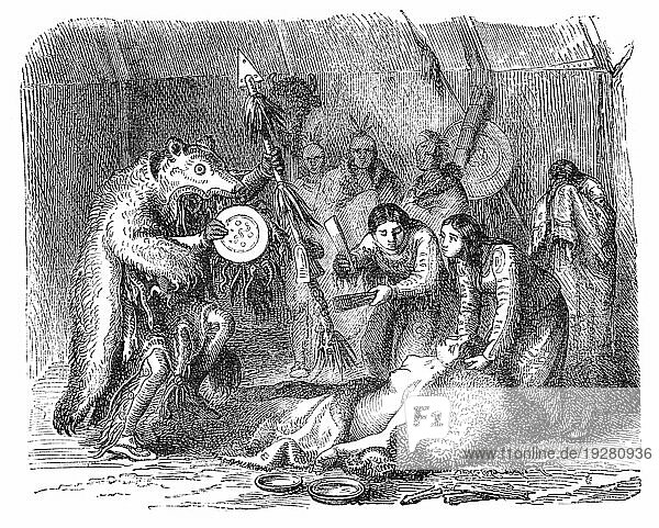 Medizinmann der amerikanischen Ureinwohner. Kupferstich eines unbekannten Künstlers aus Ernst von Hesse Warteggs Nord Amerika  schwedische Ausgabe von 1880