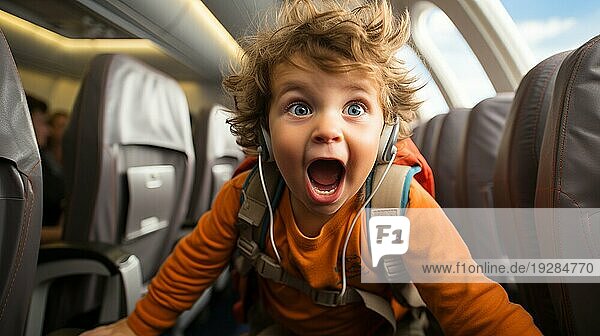 Ein wütendes Kind  das in einem Flugzeug Chaos verursacht und alle an Bord belästigt. generative KI