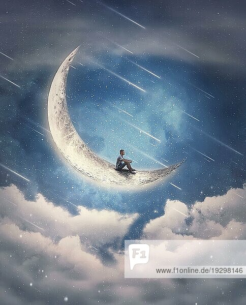 Verträumte Szene mit einem Jungen  der auf der Mondsichel sitzt und die Sternschnuppen am Nachthimmel beobachtet. Magische und surreale Ansicht  Abenteuerkonzept