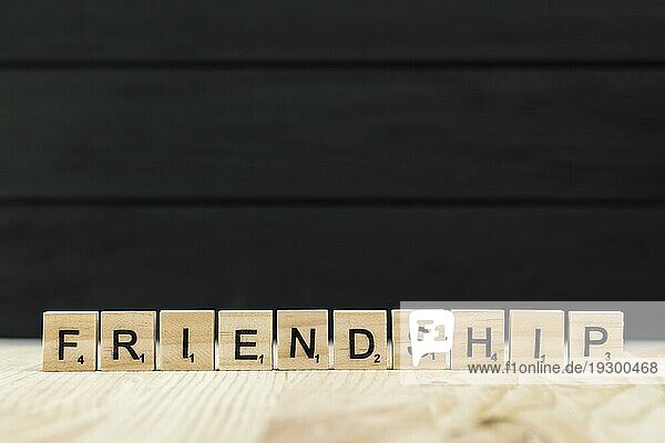 Wort Freundschaft mit Holzbuchstaben buchstabiert