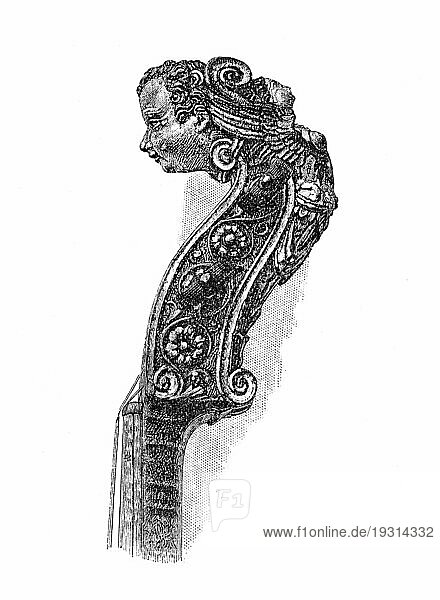 Hals und Schnecke der Ole Bulls Gaspar Di Salo Violine. Ursprünglich veröffentlicht Januar 1881 in Harper?s New Monthly Magazine