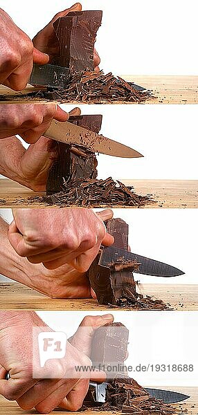 Mann schneidet schwarze Schokolade mit Messer