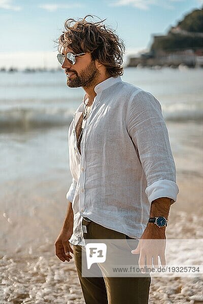 Sommerlicher Lebensstil mit einem jungen dunkelhaarigen kaukasischen Mann mit langem Bart  Sonnenbrille  ohne Hemd und mit offenem weißen Hemd am Strand
