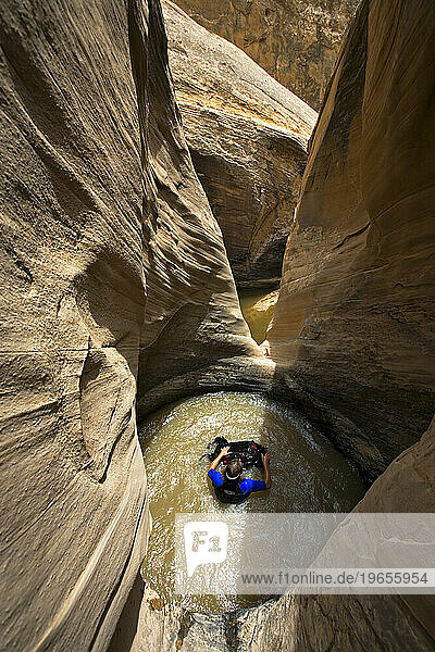 Man swimming in pool or pothole while descending desert canyon  San Rafael Swell  Utah.