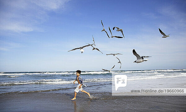 Little hispanic boy runs along a beach  followed by a group of seagulls.