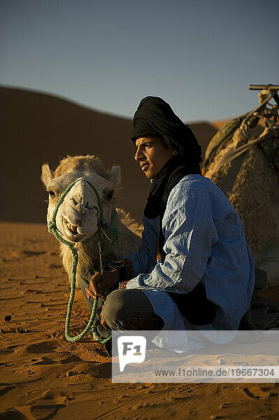 A camel guide sits with his animal in the sand dunes at sunrise.