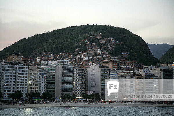 View over the buildings by Copacabana beach with the Pavaozinho favela in the background  Rio de Janeiro  Brazil.