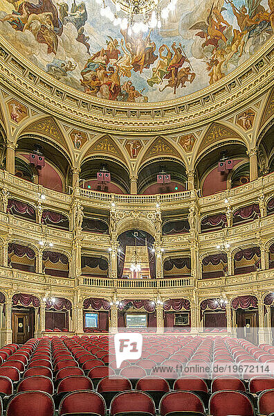 The Hungarian State Opera House  built in the 1880s  interior of the auditorium with galleries of private boxes and red tiered seats.