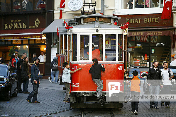 Kids on the tram that goes along Istiklal Caddesi Istanbu