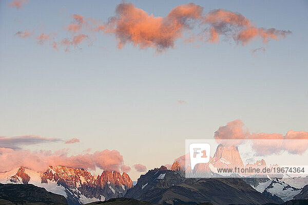 Clouds drifting over Mt. Fitzroy at sunrise in Los Glaciares National Park  Chalten  Argentina.