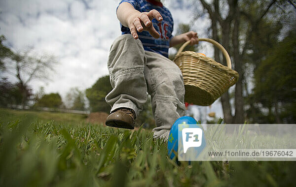 A young boy about to grab an Easter egg  Newcastle  California.