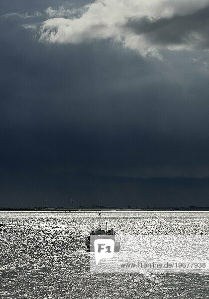 Schiff auf der Nordsee im Gegenlicht mit dramatisch dunklem Himmel  Ostfriesland  Niedersachsen  Deutschland  Europa